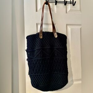 Aphorism Anthropologie large black cotton macrame black bag leather strap